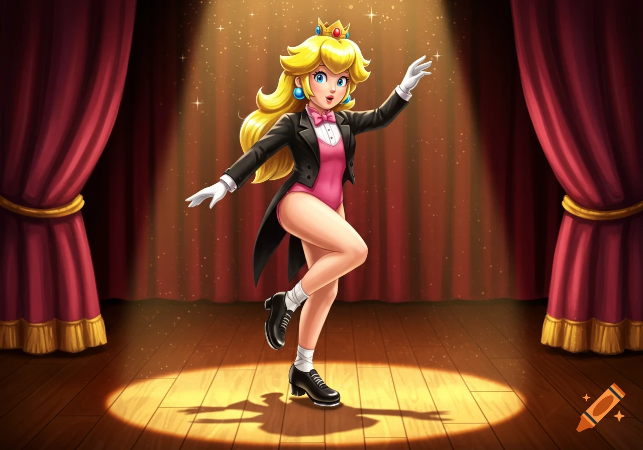 Princess Peach in a black tuxedo jacket and pink leotard tap dancing under a spotlight on a stage with red curtains.
