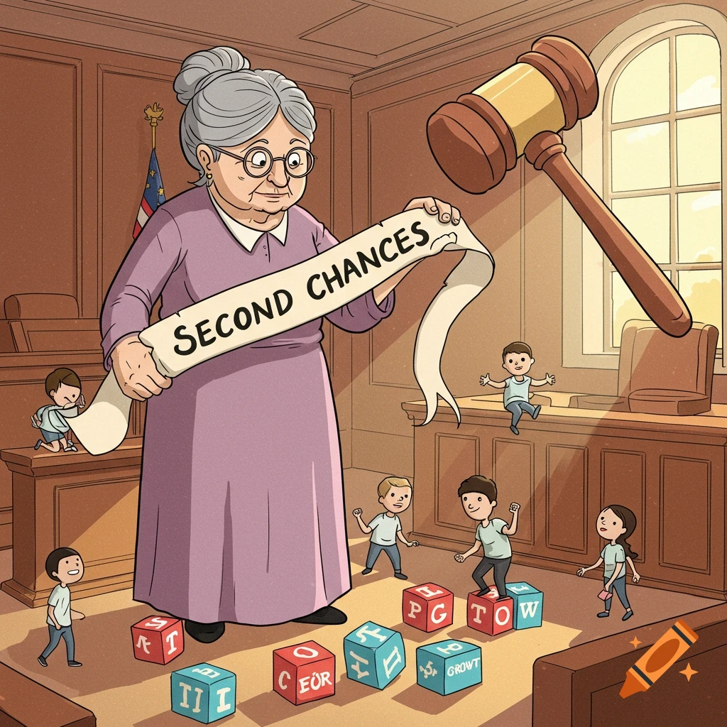 A cartoon of an elderly woman in a courtroom holding a 'SECOND CHANCES' scroll while children play with letter blocks around her feet.