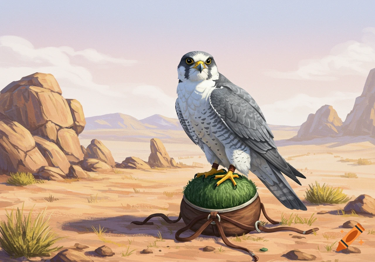 A detailed illustration of a falcon with gray and white feathers standing on a green perch in a desert landscape.