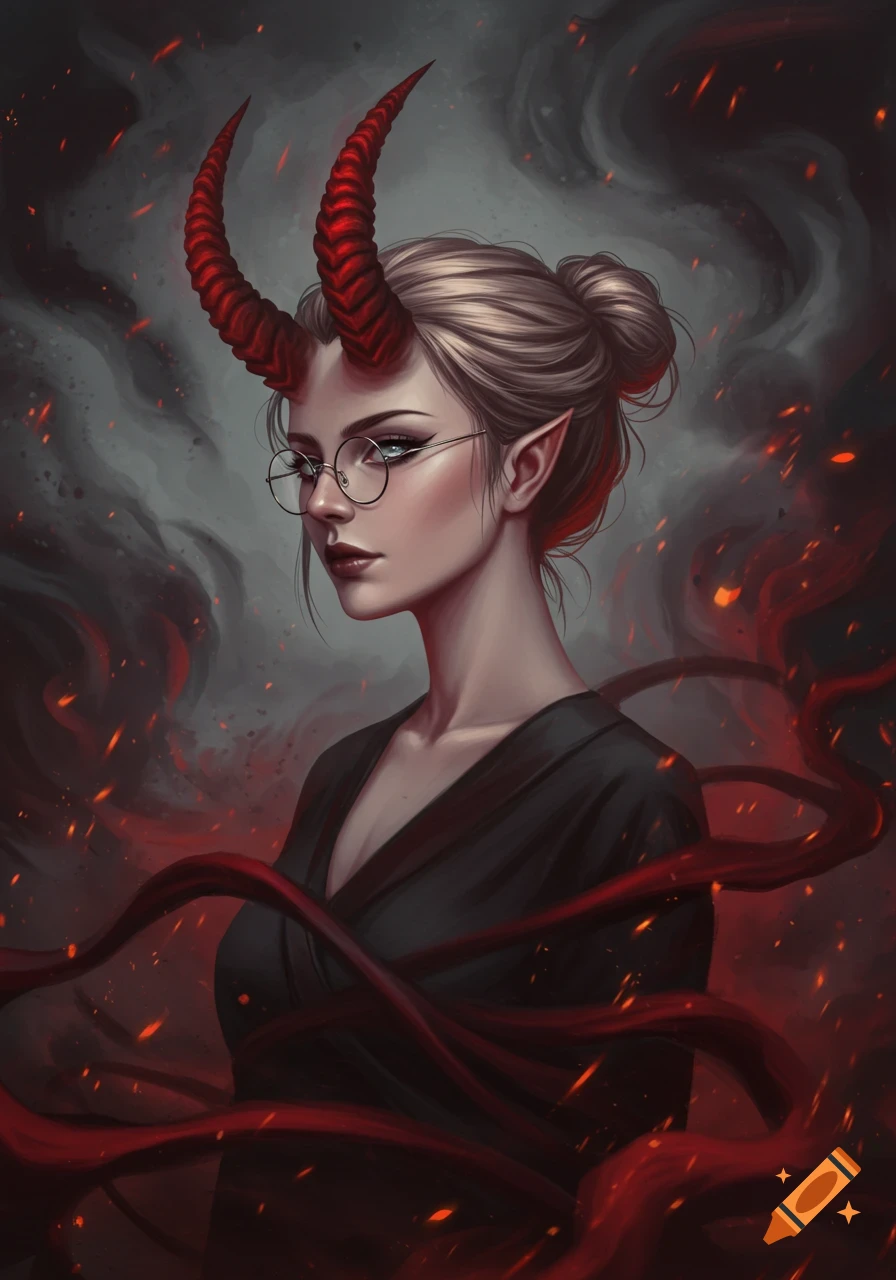 A stylish portrait of a woman with red demon horns, elf ears, and glasses, surrounded by red smoke and embers.