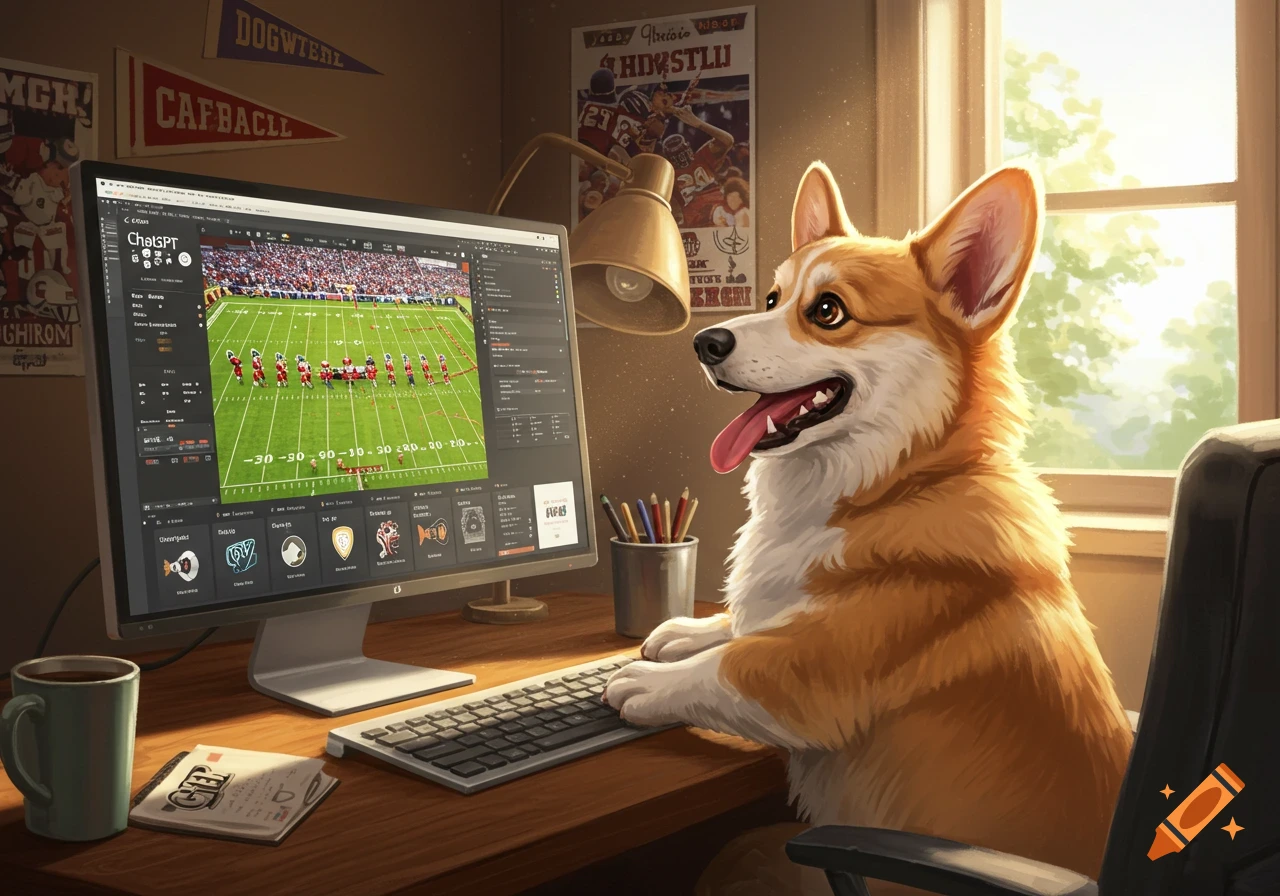 A happy corgi sits at a desk, looking intently at a computer screen displaying a college football game. The dog's paws are on the keyboard, and sunlight streams through a window behind it. Pennants and a poster hang on the wall.