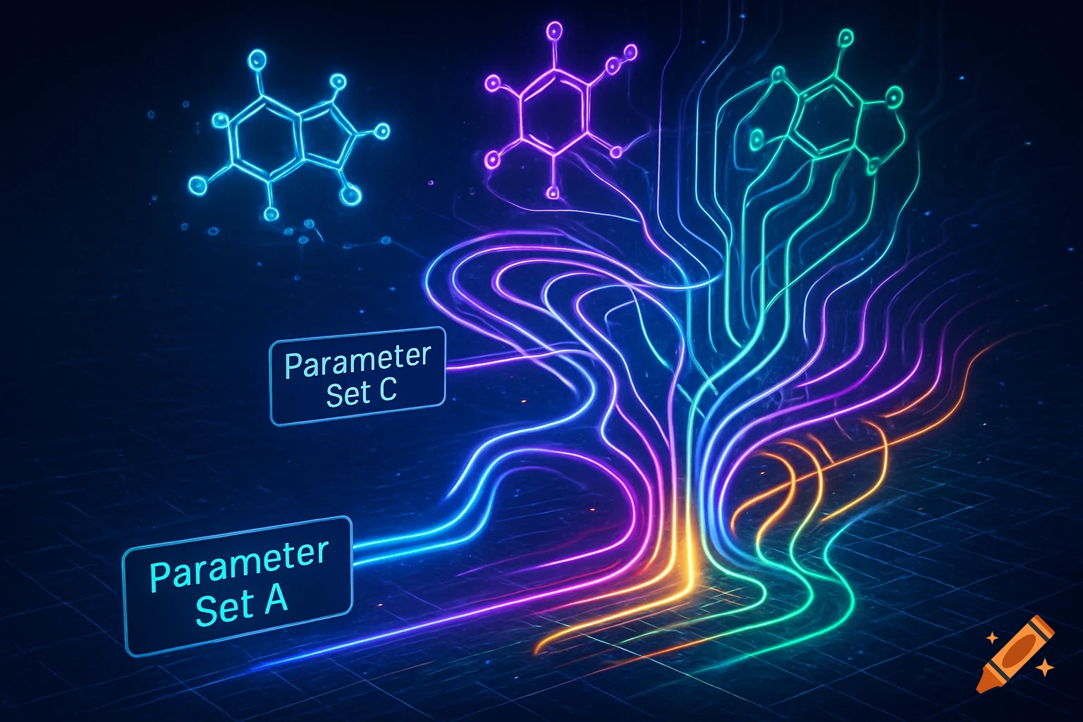 A futuristic illustration of glowing blue, purple, green, and orange data lines flowing from abstract molecular structures and parameter labels.