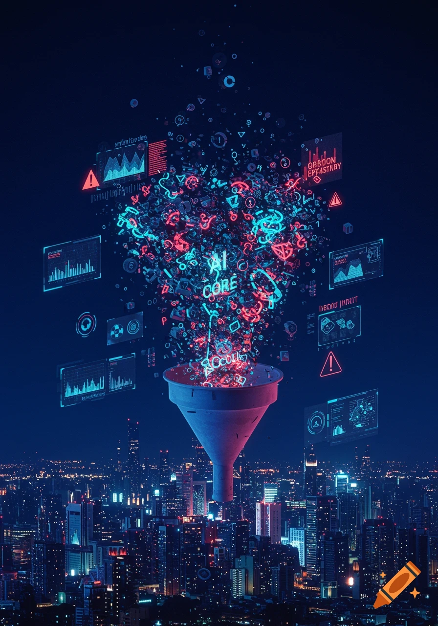 A glowing funnel collects data symbols and abstract text above a neon-lit futuristic city at night, illustrating data processing.
