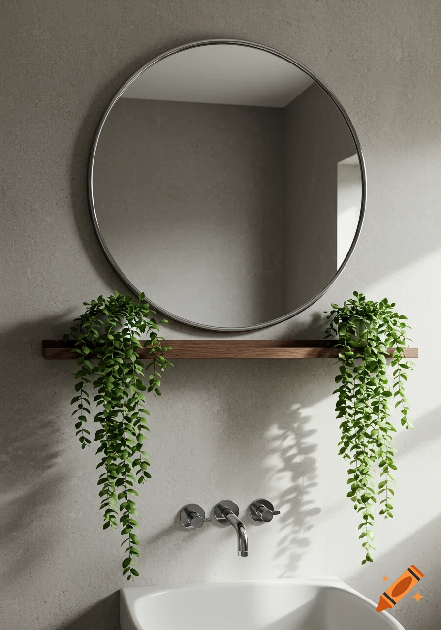 A round mirror above a wooden shelf with two trailing green potted plants, a sink, and chrome faucet on a concrete wall.