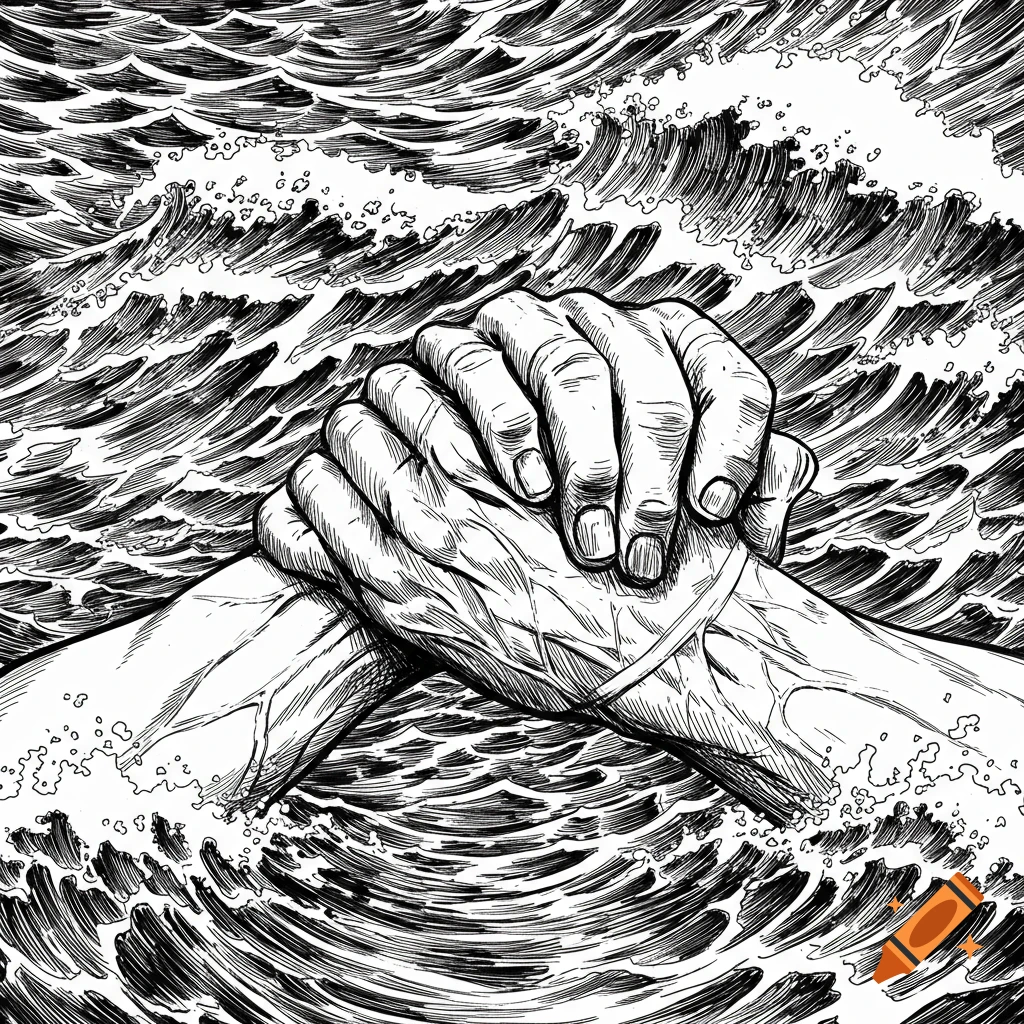Black and white line drawing of two hands gripping each other in turbulent water.