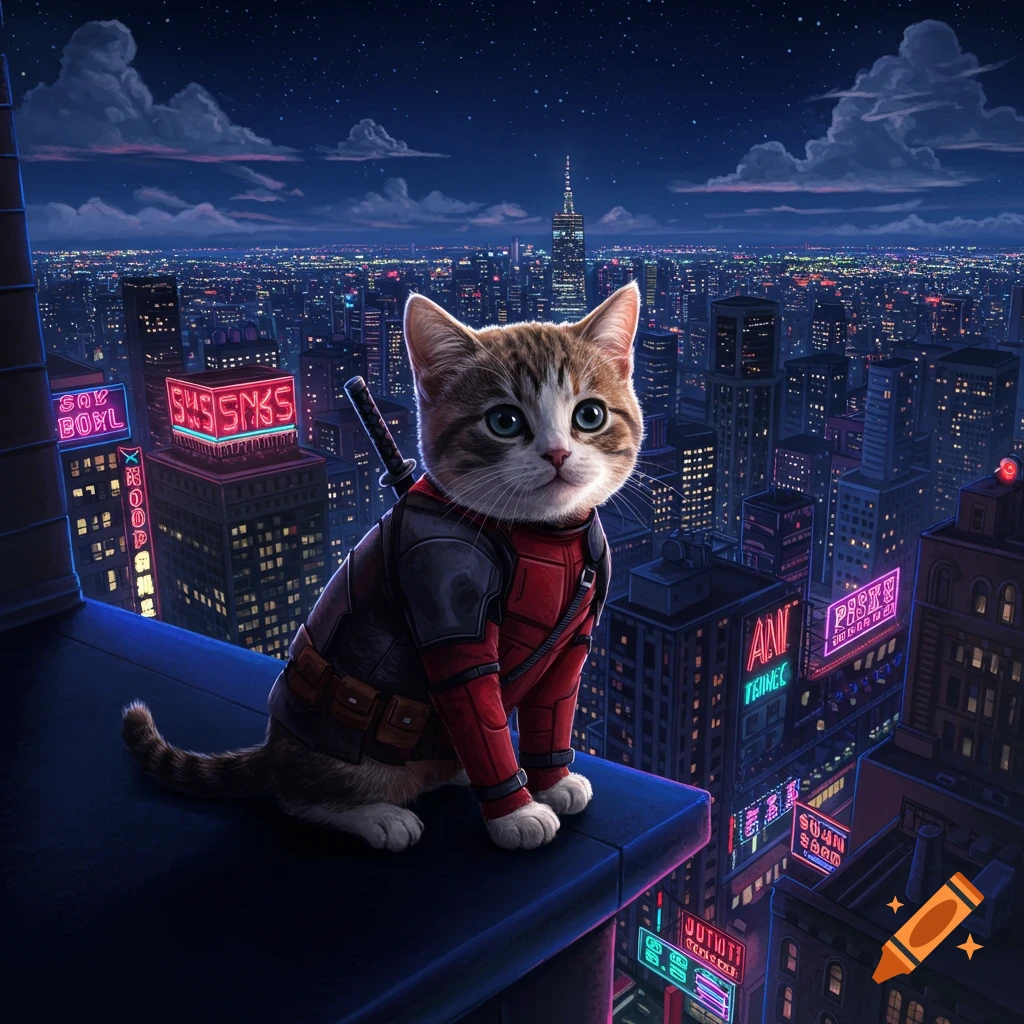 A tabby cat in a red and black superhero costume with a katana on its back sits on a skyscraper ledge overlooking a neon-lit city at night.