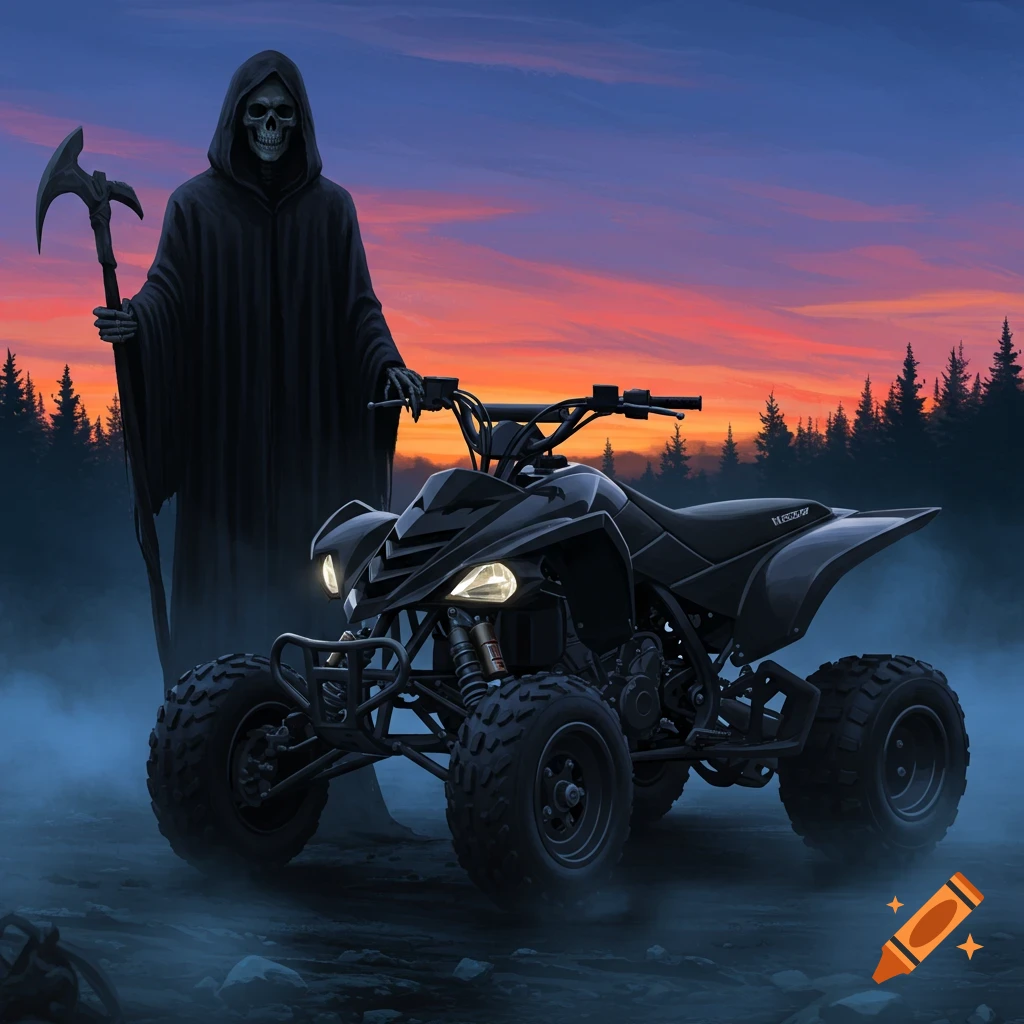 A cloaked Grim Reaper with a scythe stands beside a black ATV in a foggy forest at sunset.