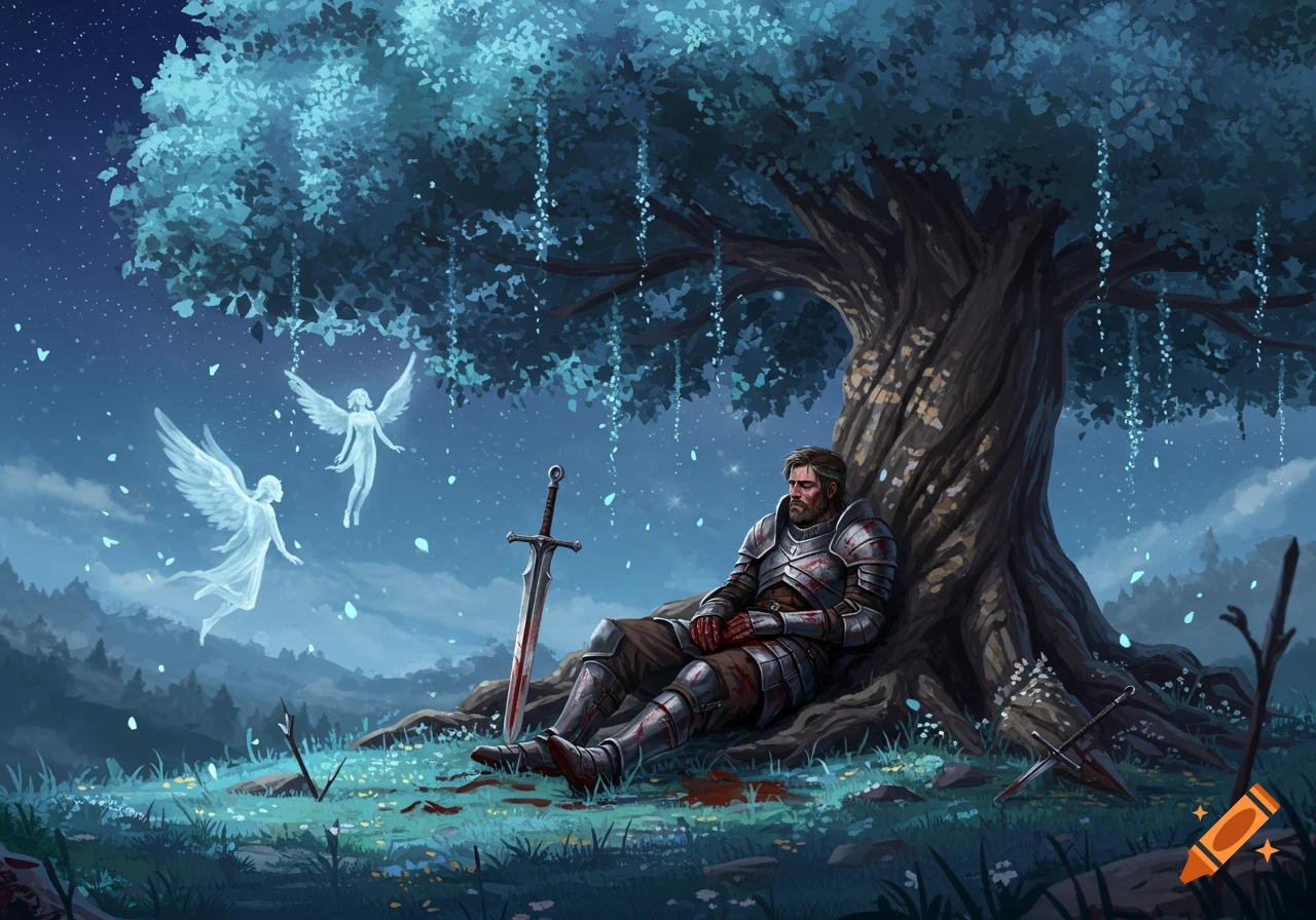 Bloodied warrior rests under a mystical blue tree, watched by ethereal angels, with a sword in the ground, digital art.