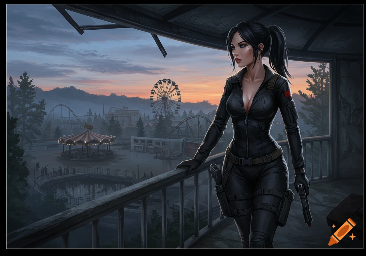 A woman in a black flight suit and pistol holster stands on a ruined balcony overlooking a deserted theme park at sunset, featuring a carousel and Ferris wheel.