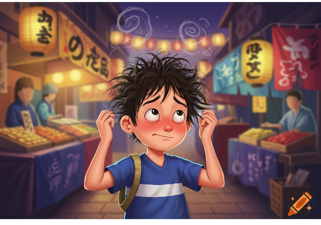 A cartoon boy with messy hair and a red, flushed face stands confused in a bustling Japanese market.