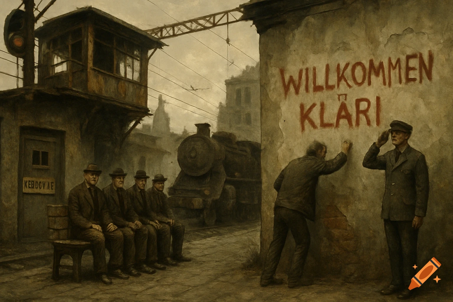An old train station with a gloomy sky. A man writes "WILLKOMMEN KLÄRI" in red on a wall, while another salutes. Four men sit on a bench, and an old train is in the background.