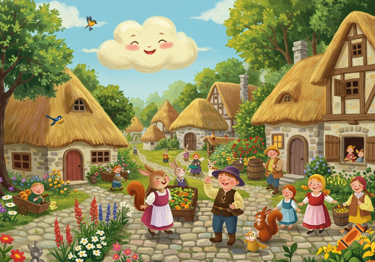 Bright storybook illustration of villagers and anthropomorphic animals celebrating in a vibrant village under a smiling cloud.