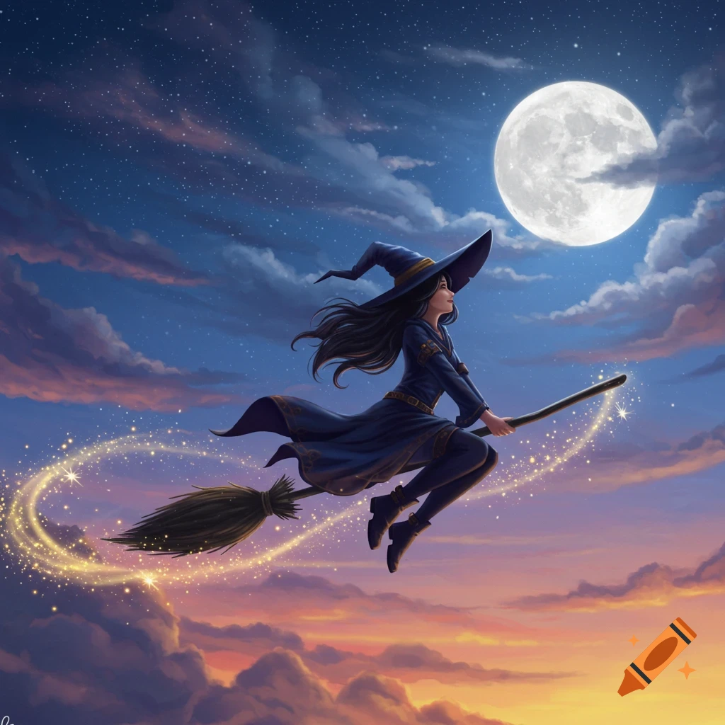 An illustration of a witch flying on a broomstick across a starry night sky with a full moon and colorful clouds.