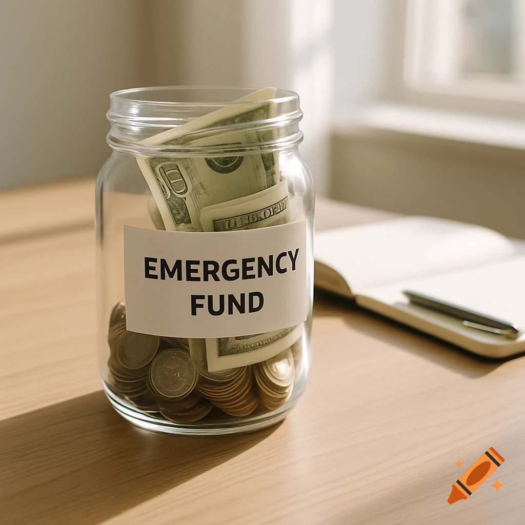 A clear glass jar labeled "EMERGENCY FUND" filled with dollar bills and coins, on a wooden table with a notebook and pen.