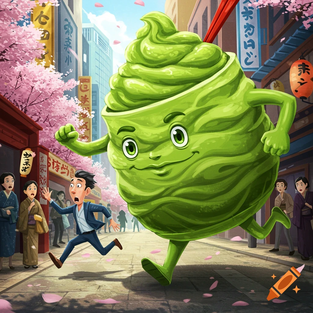 A giant, smiling, green wasabi monster with arms and legs chases a terrified man down a vibrant Japanese street filled with cherry blossoms.