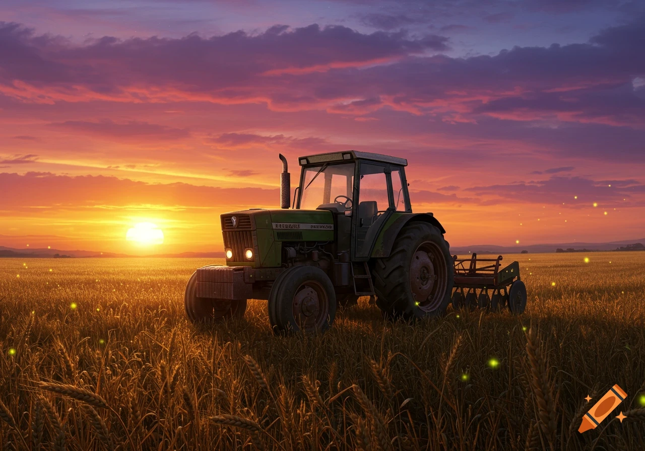 A green tractor sits in a golden wheat field during a vibrant sunset with orange and purple clouds.