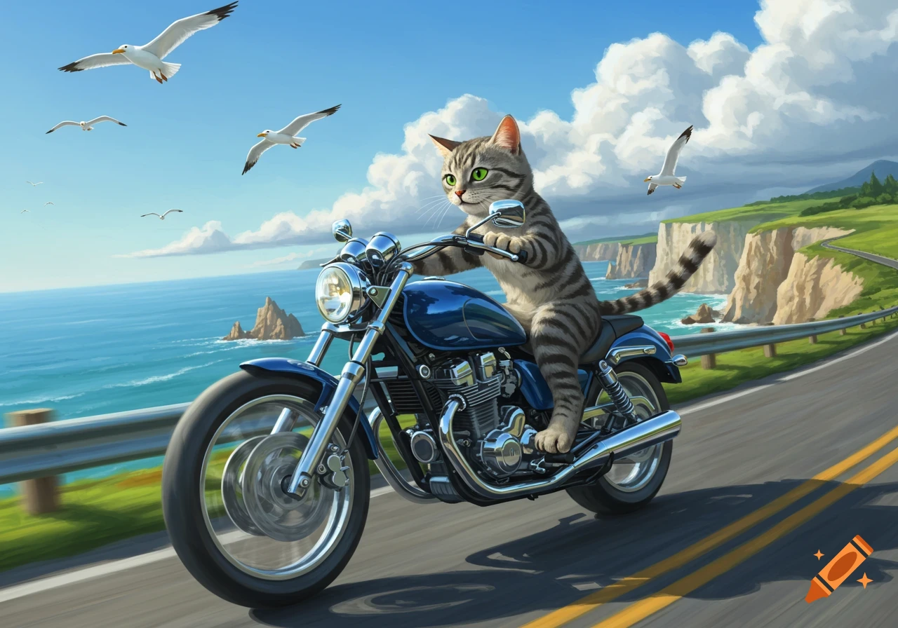 A cartoon cat rides a blue motorcycle on a coastal road, with seagulls flying over the ocean and green cliffs.
