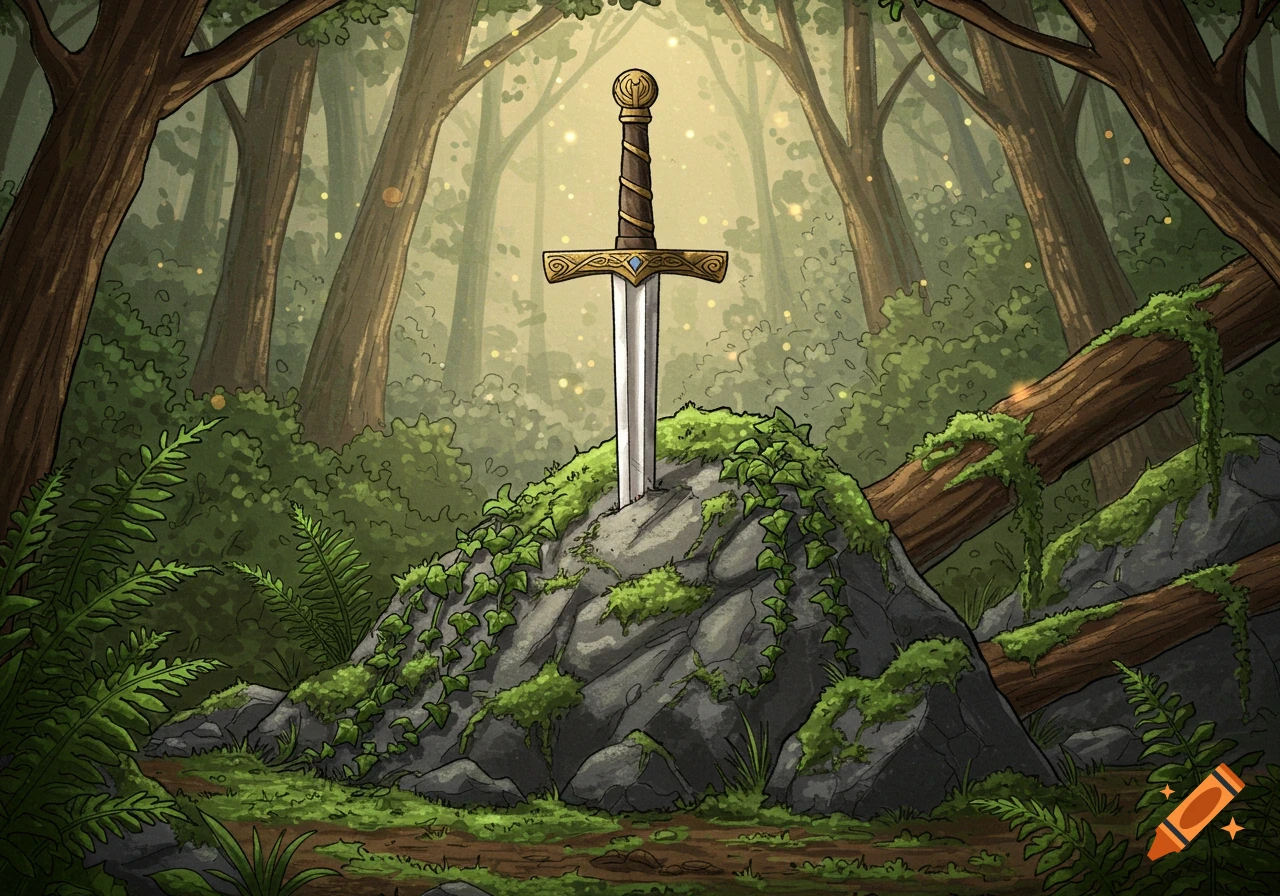 A drawing of a sword, Excalibur, impaled in a mossy rock in a dense, glowing forest, with light filtering through the trees.