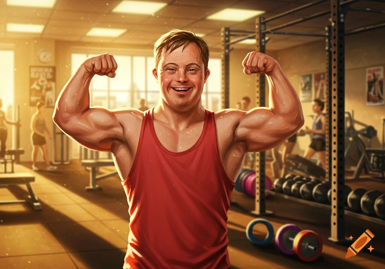 A smiling man with Down syndrome, wearing a red tank top, flexes his biceps in a sunny gym.