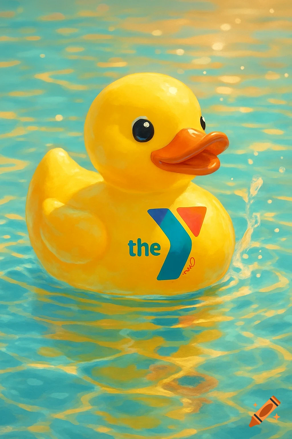 A bright yellow rubber duck with 'the' and a YMCA logo floats in shimmering turquoise water.