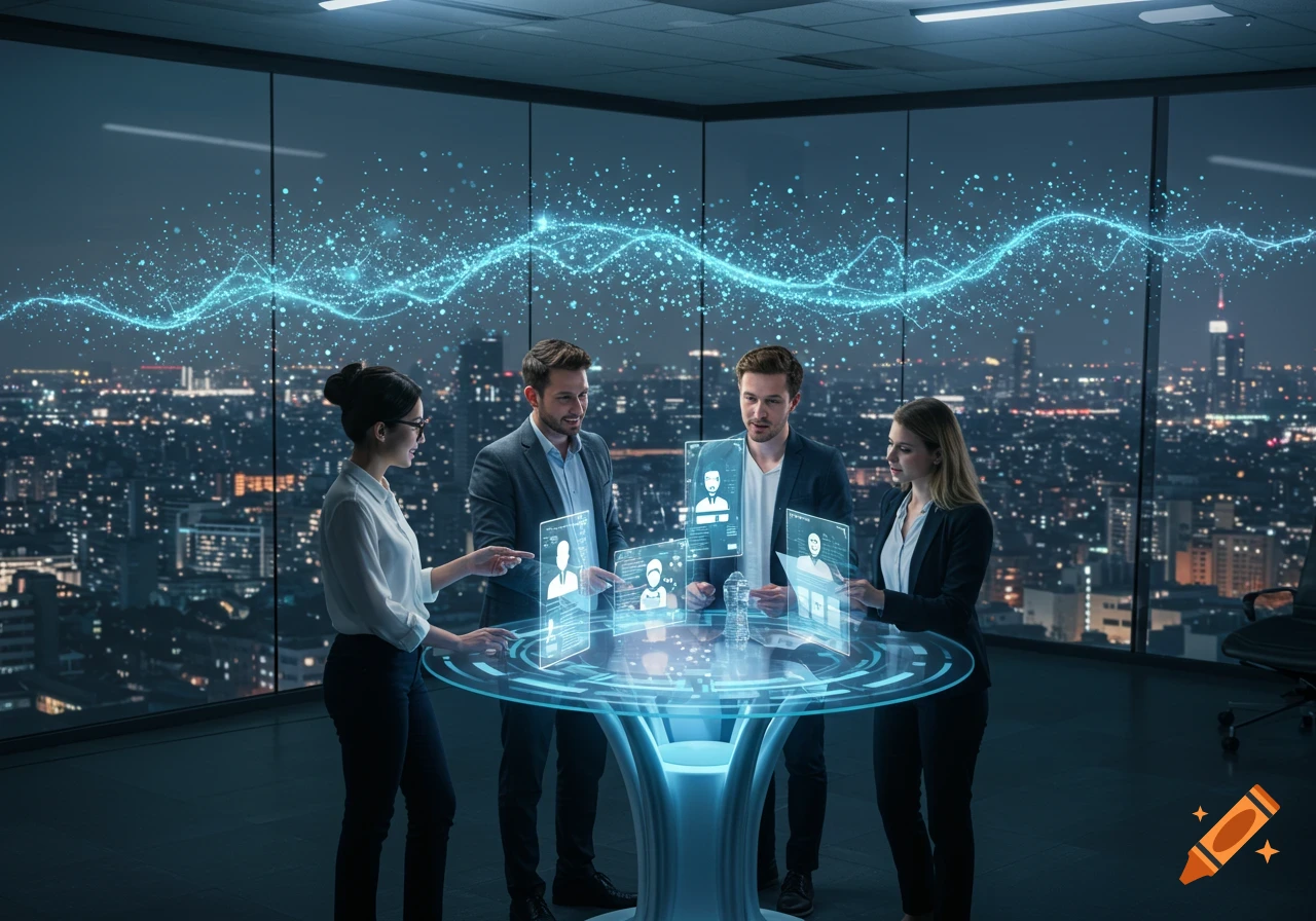 Four business professionals interact with a glowing holographic table displaying user profiles in a futuristic office overlooking a city skyline at night.