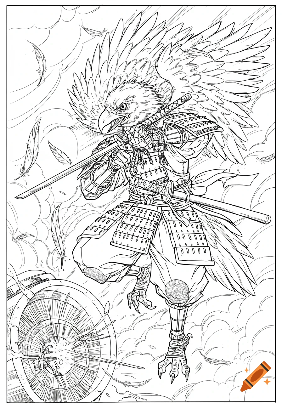 Black and white line art of an anthropomorphic bird samurai with a katana attacking an airplane engine.
