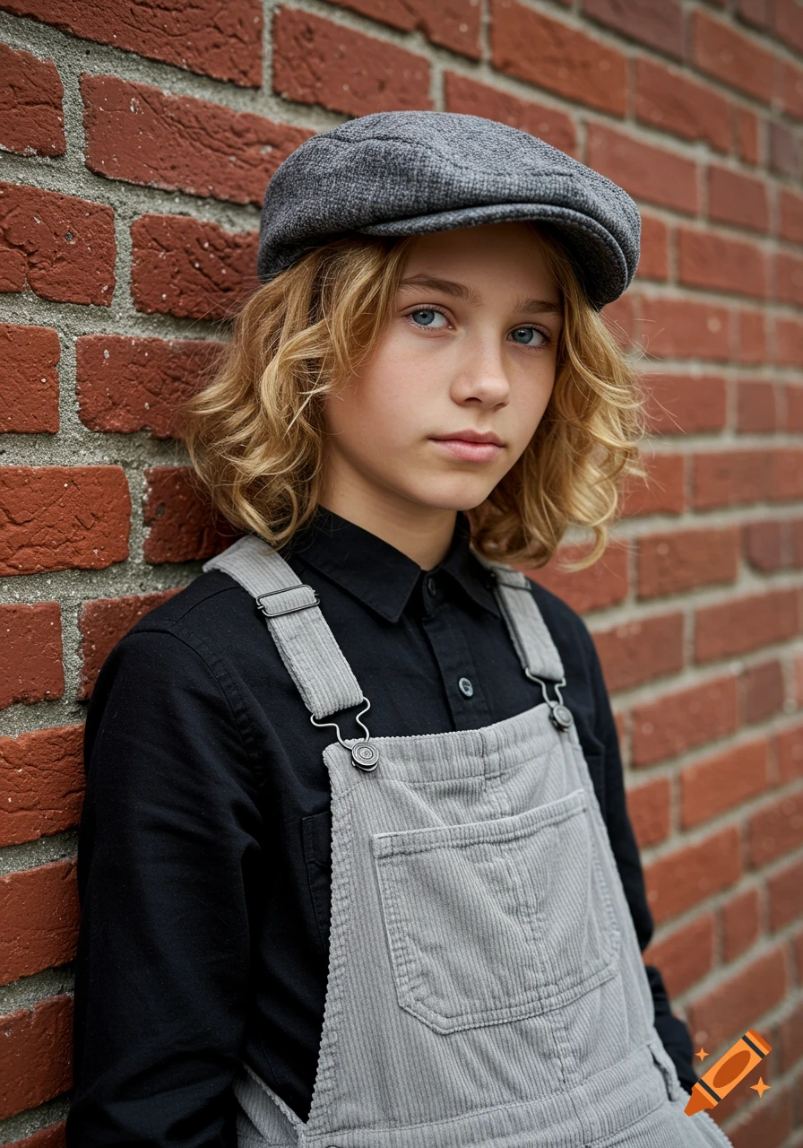 Photorealistic portrait of a blonde boy with blue eyes in a gray flat cap and corduroy overalls, leaning against a red brick wall.