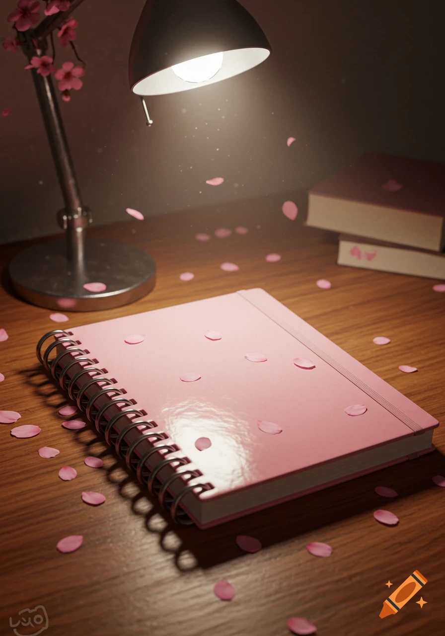 A pink spiral notebook on a wooden desk, illuminated by a desk lamp, with pink flower petals scattered around.