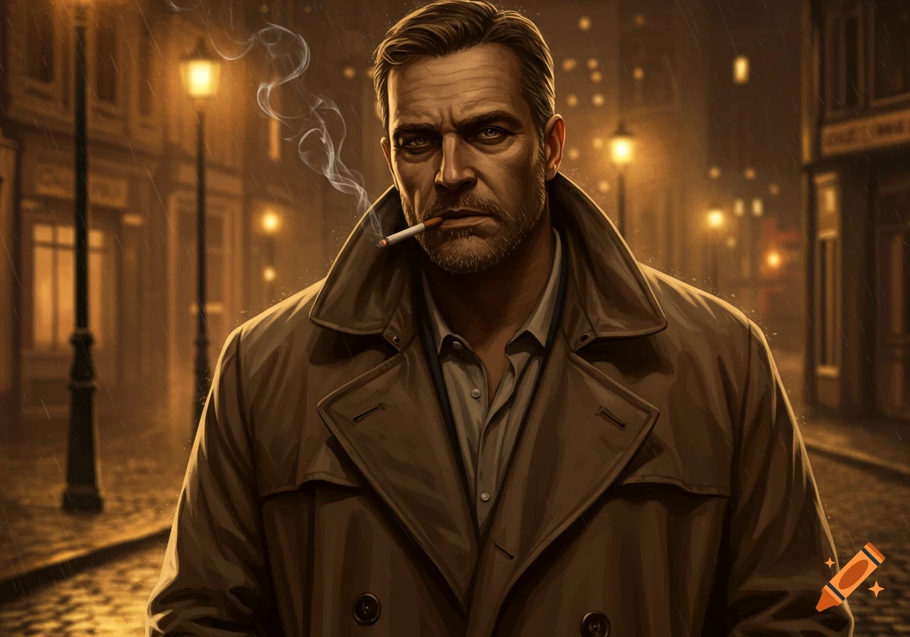 A grizzled man in a trench coat smokes a cigarette on a rainy, dimly lit city street at night.