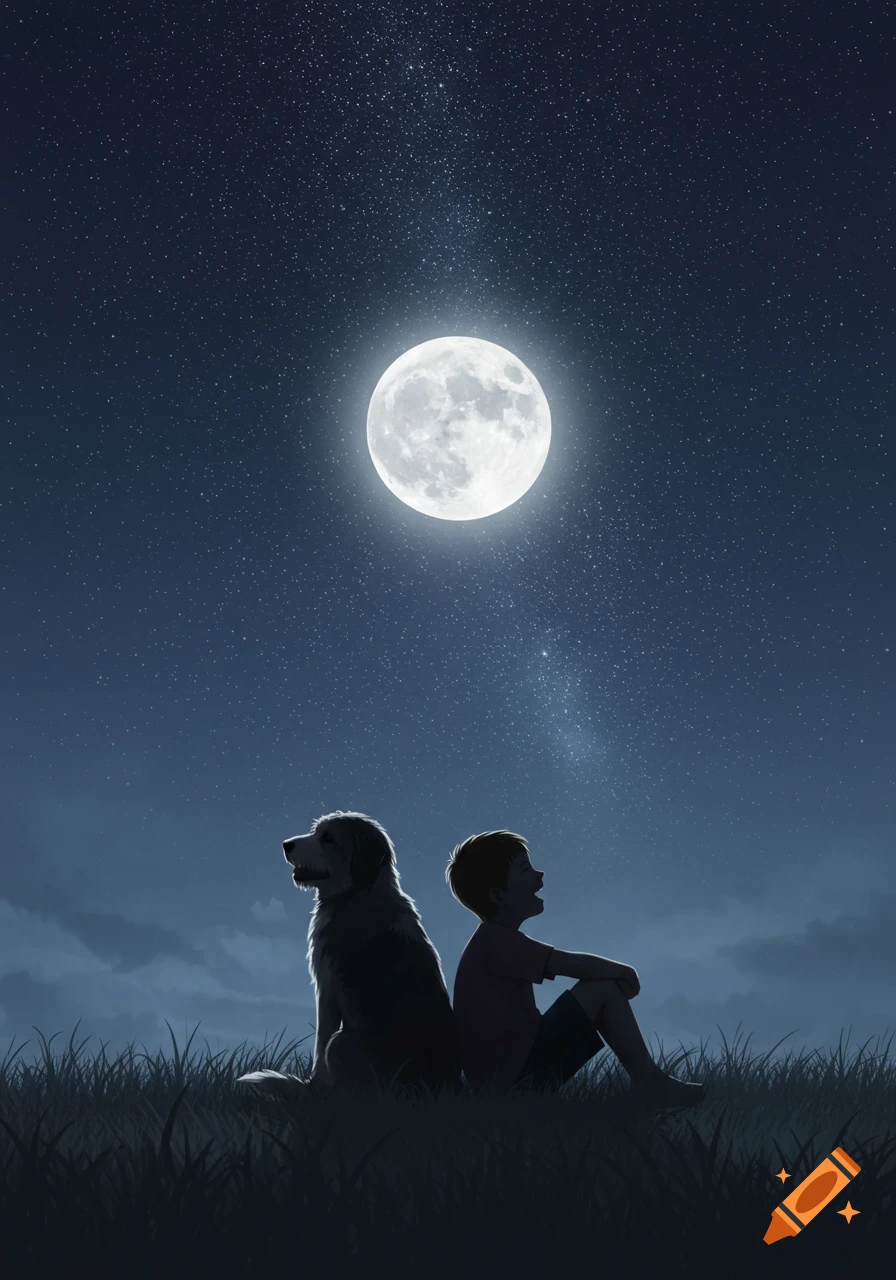 An illustration of a boy and a dog silhouetted in grass against a starry night sky with a large, bright full moon.