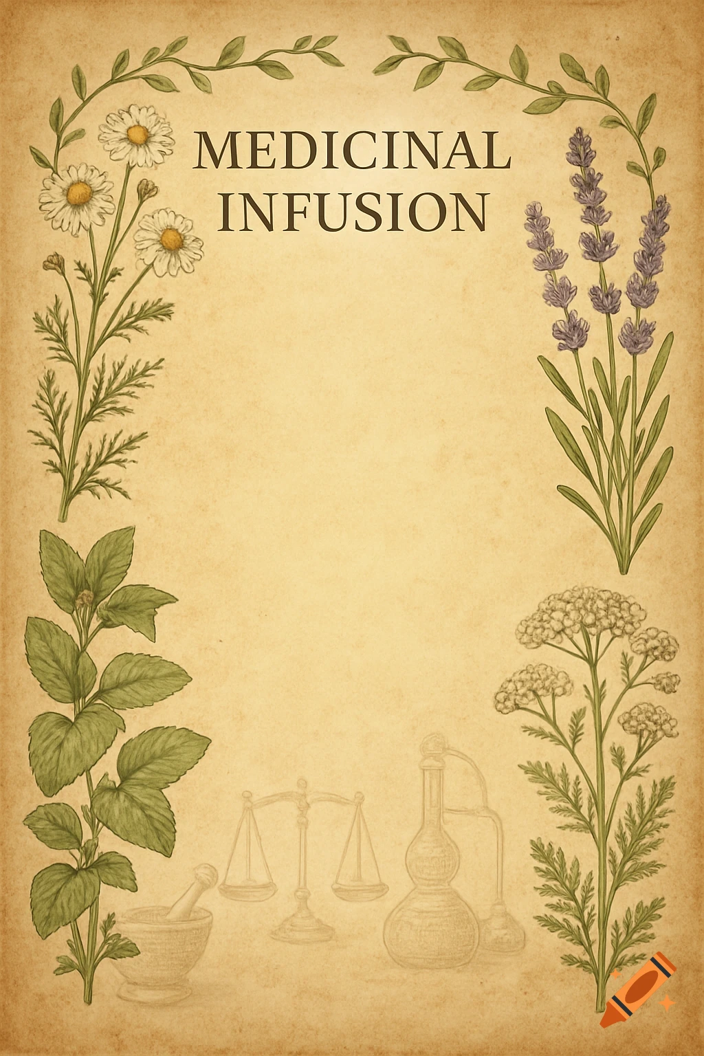 Vintage botanical illustration of medicinal plants and apothecary tools on an old parchment with 'MEDICINAL INFUSION' title.