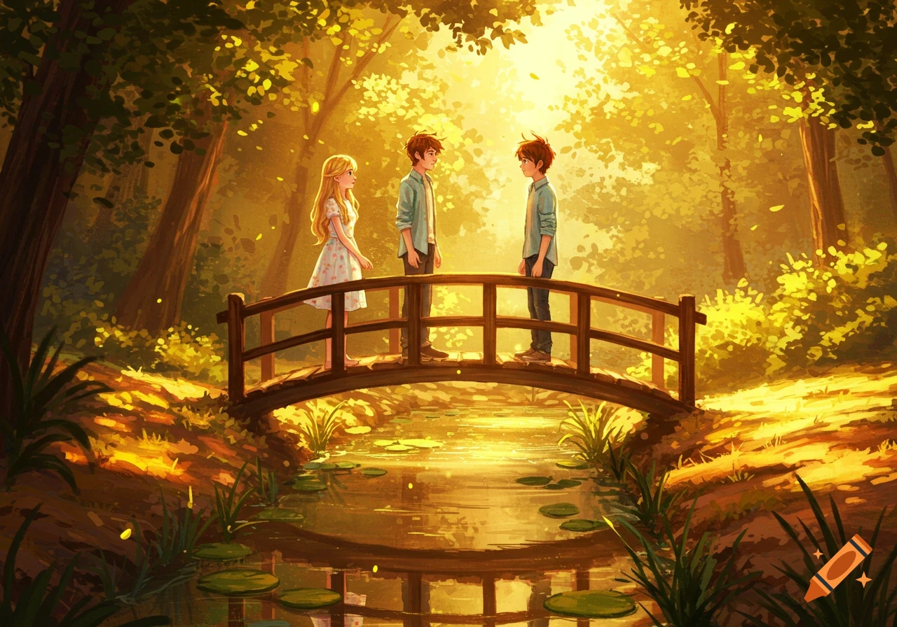 Three anime-style characters on a wooden bridge over a stream in a sunlit fantasy forest.