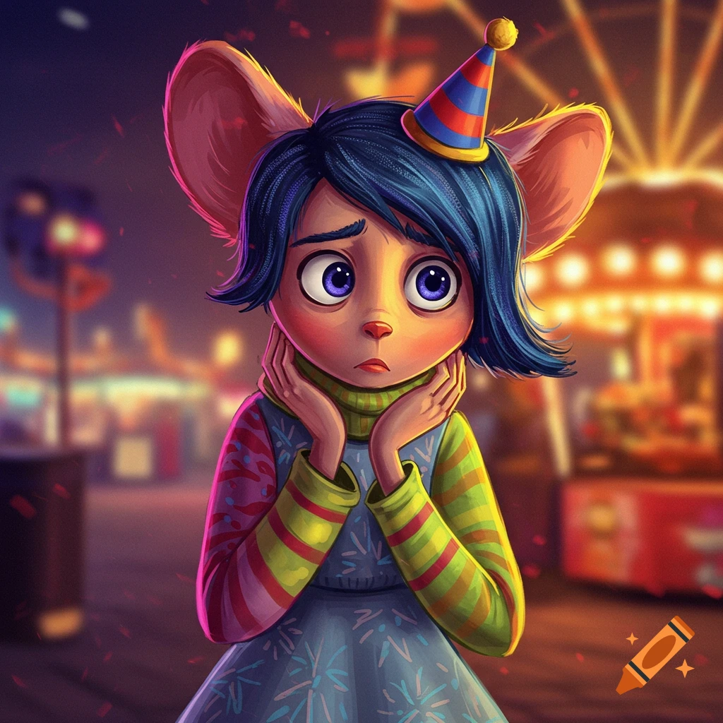 Sad anthropomorphic mouse in a party hat and colorful clothes at a blurry carnival.