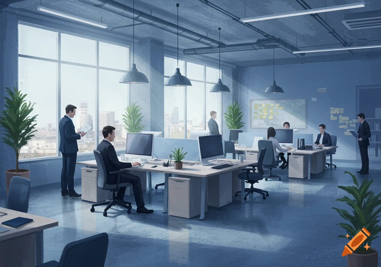 A modern open-plan office with employees working at desks, large windows showing a city skyline, in a digital art style.