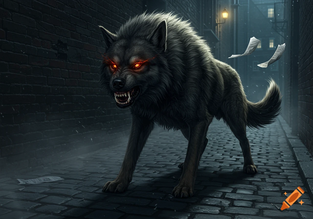 A dark, menacing wolf with glowing red eyes and bared fangs in a gloomy cobblestone alley at night, fantasy art style.