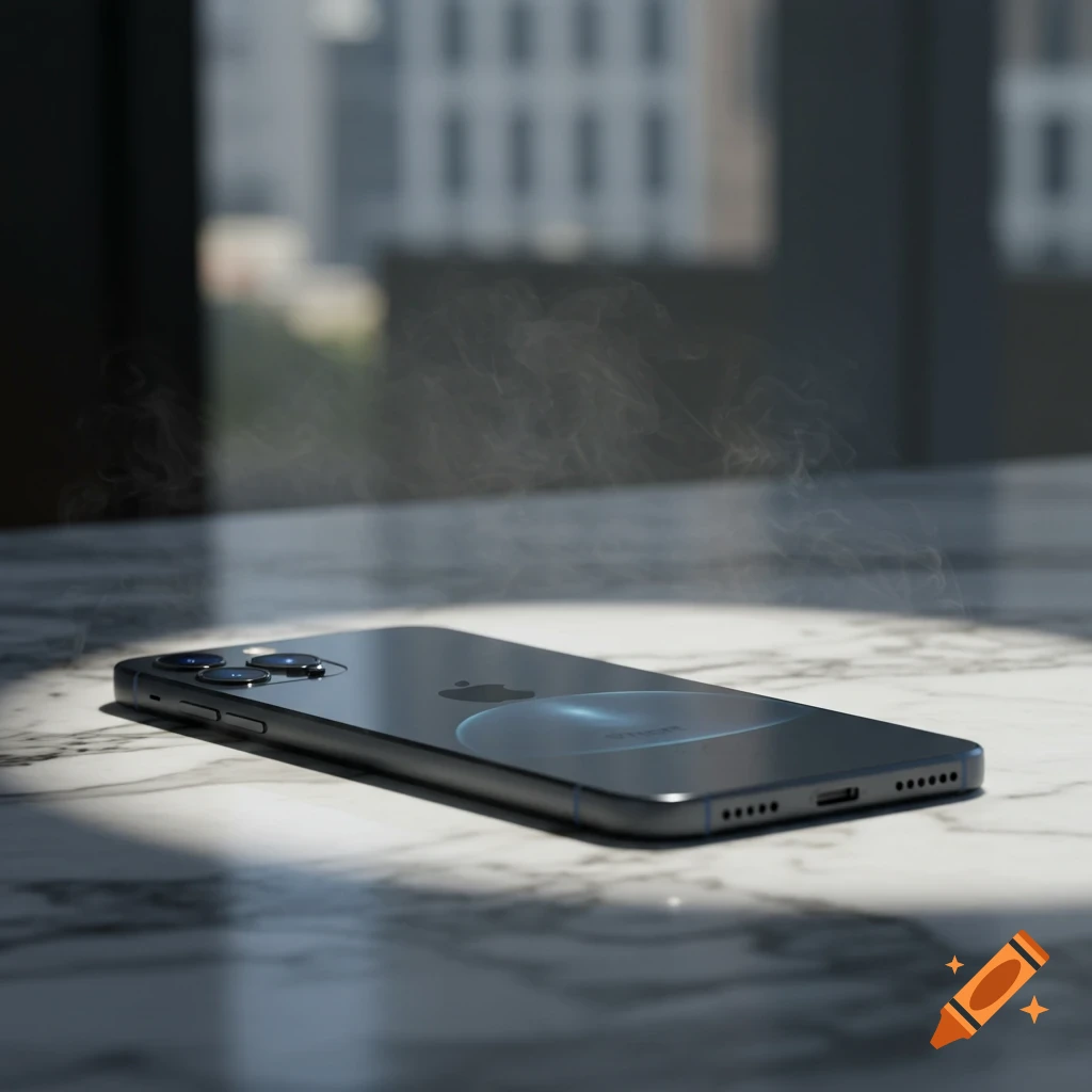 A dark gray iPhone with triple cameras lies on a white marble table, illuminated by a spotlight, with smoke rising.