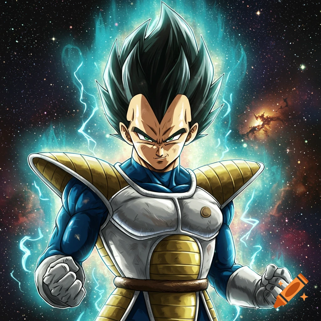 Anime character Vegeta with spiky black hair, blue jumpsuit, and white/gold armor, emanating a blue aura against a starry space background.