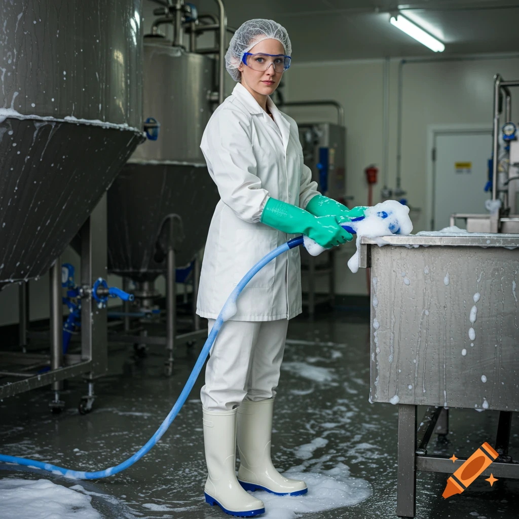 A woman in a lab coat, hairnet, safety goggles, and green gloves uses a hose to spray foam on a metal counter in a clean factory.