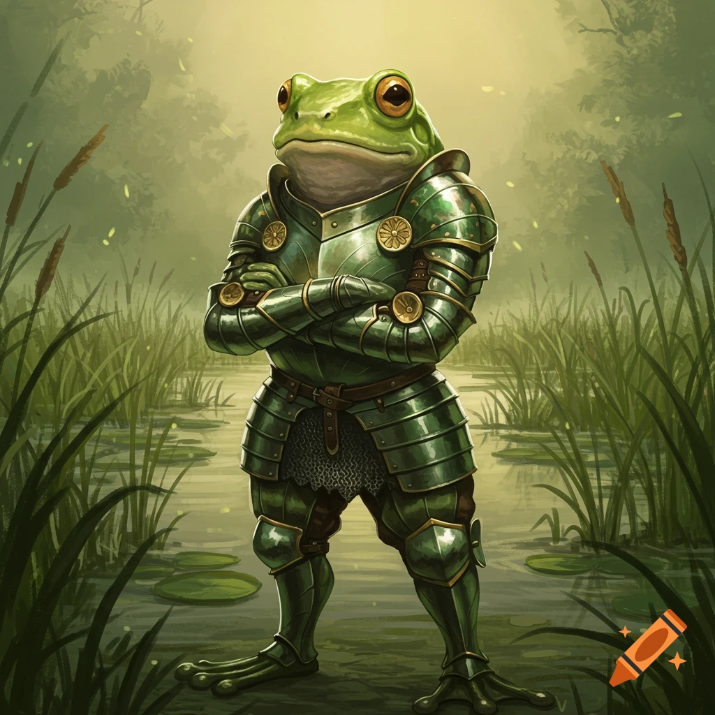 A frog wearing green medieval armor stands with arms crossed in a swamp, looking determined.