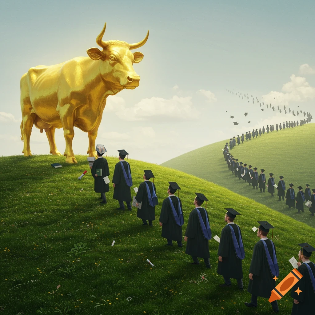 A large golden cow stands on a grassy hill as graduates climb towards it and others drift away, surreal.