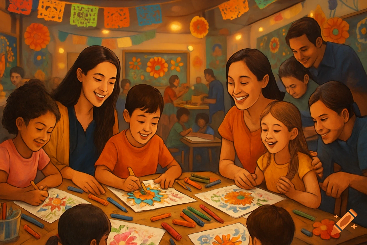 Adults and children smiling and coloring flower designs on paper at a table in a classroom decorated with colorful banners, in a painterly style.