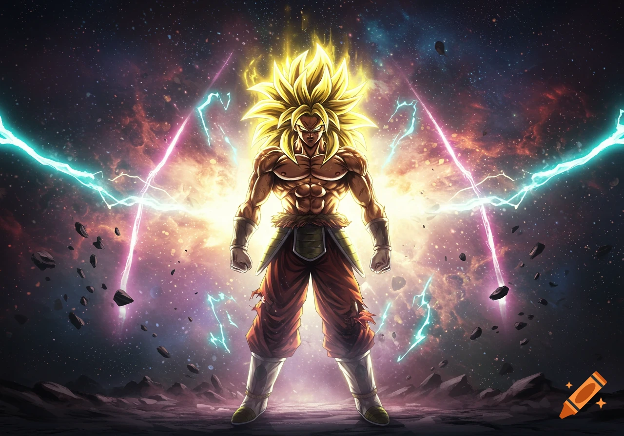A powerful Super Saiyan character with glowing spiky yellow hair and a muscular physique stands in a cosmic, lightning-filled space.