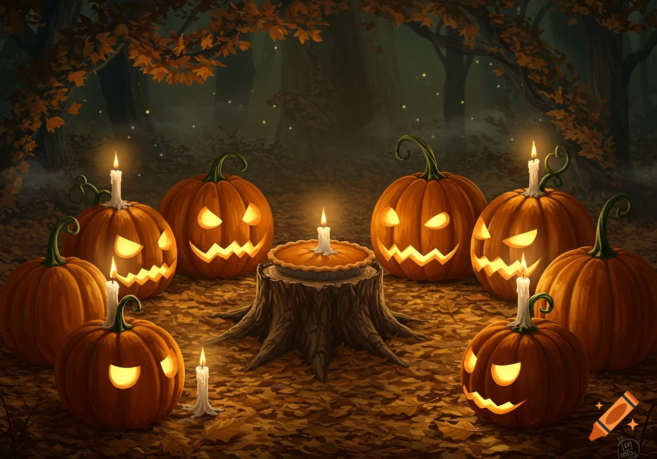 Eight glowing jack-o'-lanterns and lit candles surround a pumpkin pie on a tree stump in a dark, leaf-covered forest.