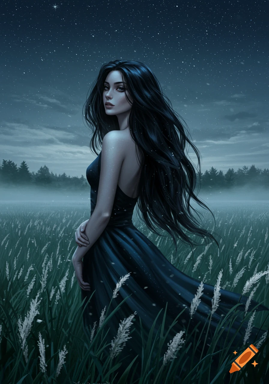 Digital art of a woman with long dark hair in a black dress standing in a moonlit field under a starry night.