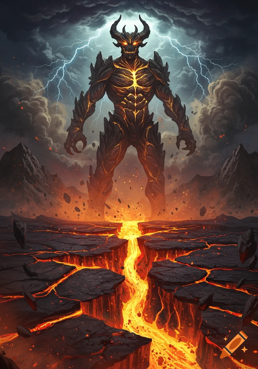 A towering lava monster with glowing eyes and horns stands on cracked, fiery ground under a stormy sky with lightning.
