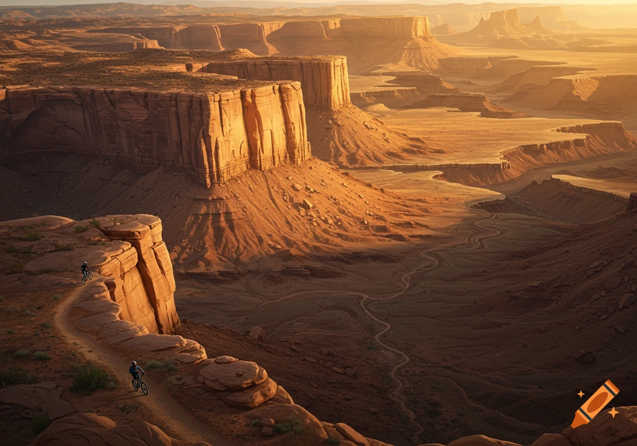 Aerial view of a vast desert canyon bathed in warm sunlight, with two mountain bikers on a winding trail along a cliff edge.