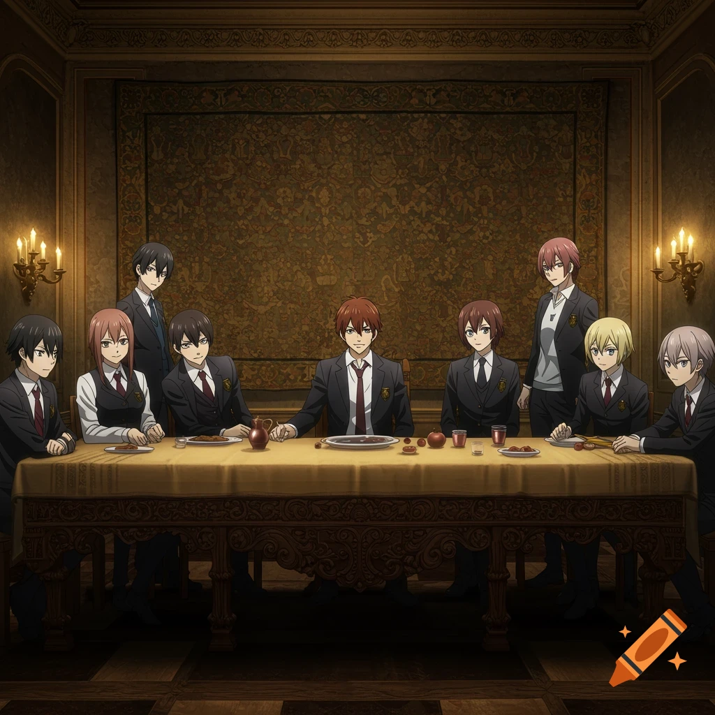 Anime characters resembling Classroom of the Elite students in a formal dining hall, posed like The Last Supper.