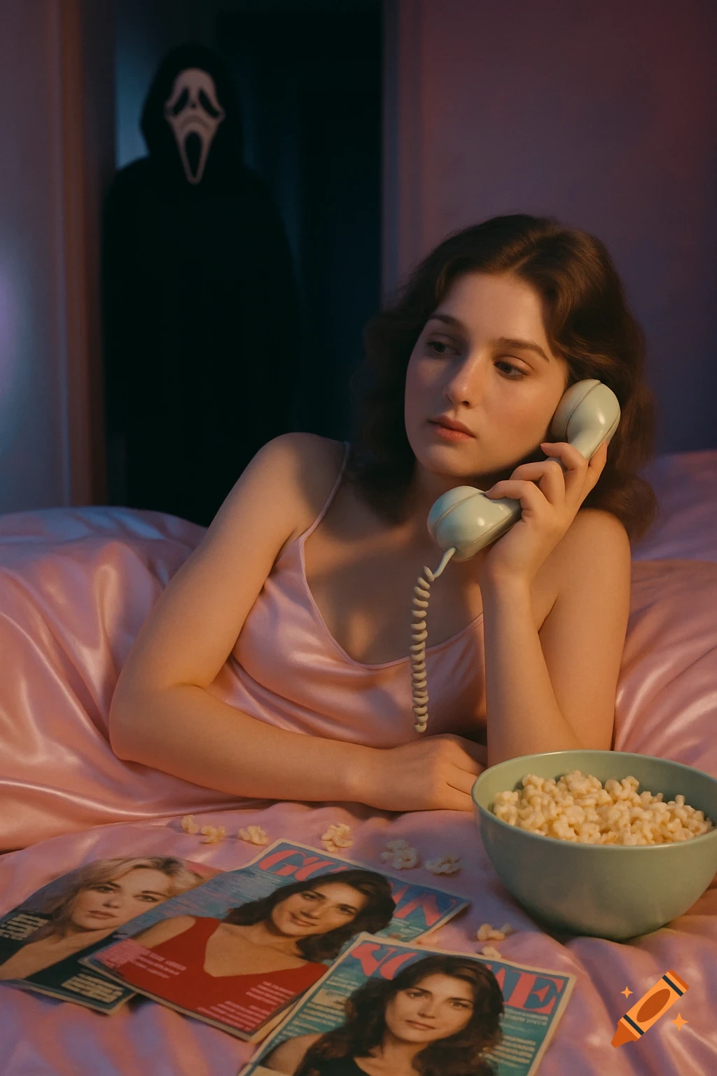 A young woman in a pink slip lies on satin sheets, talking on a retro phone, with magazines and popcorn. Ghostface watches from a dark doorway behind her.