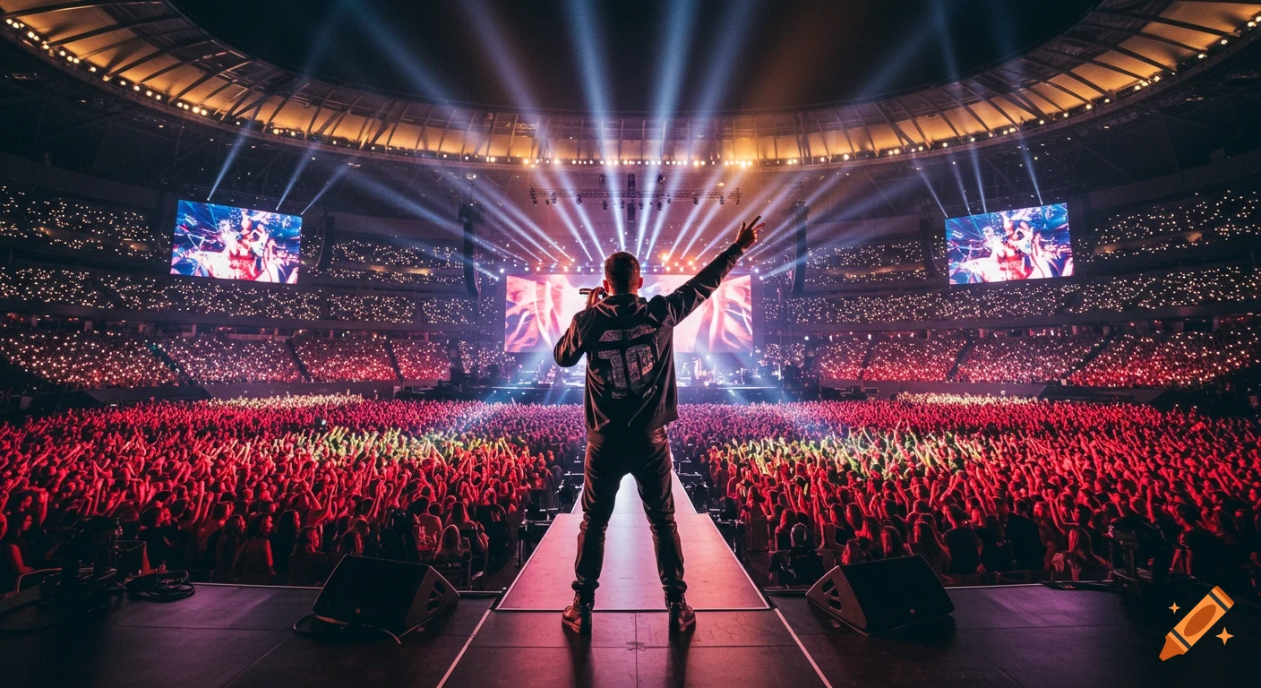 Performer on stage at a massive stadium concert, holding a microphone, facing a huge cheering crowd under bright spotlights.