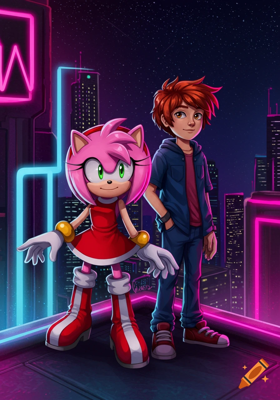 Amy Rose and a human boy stand on a neon-lit city rooftop at night, cartoon style.